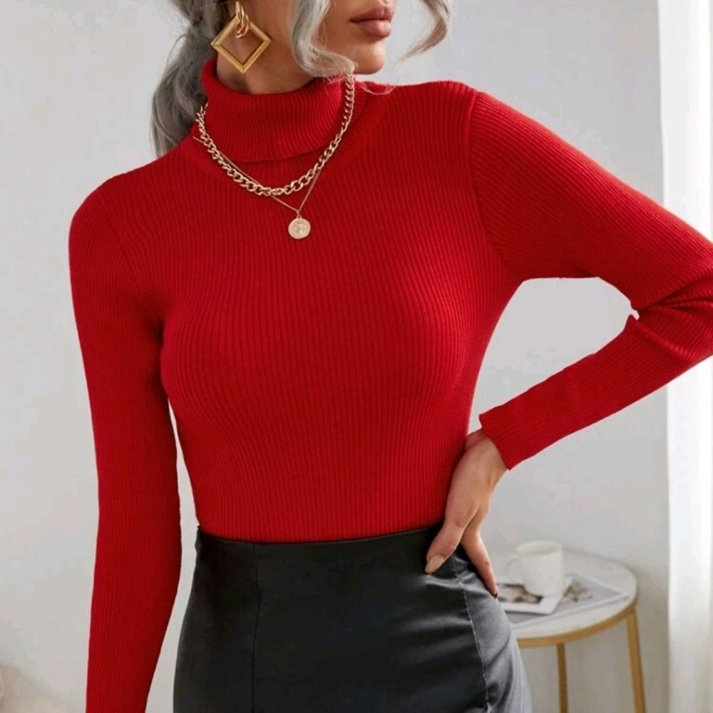 NEW Red Turtleneck Ribbed Knit Slim Fit Sweater